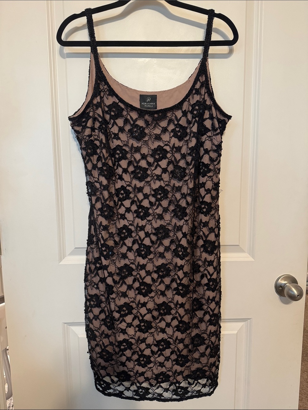 Adrianna Papell Black Lace Overlay Nude Slip Midi Dress